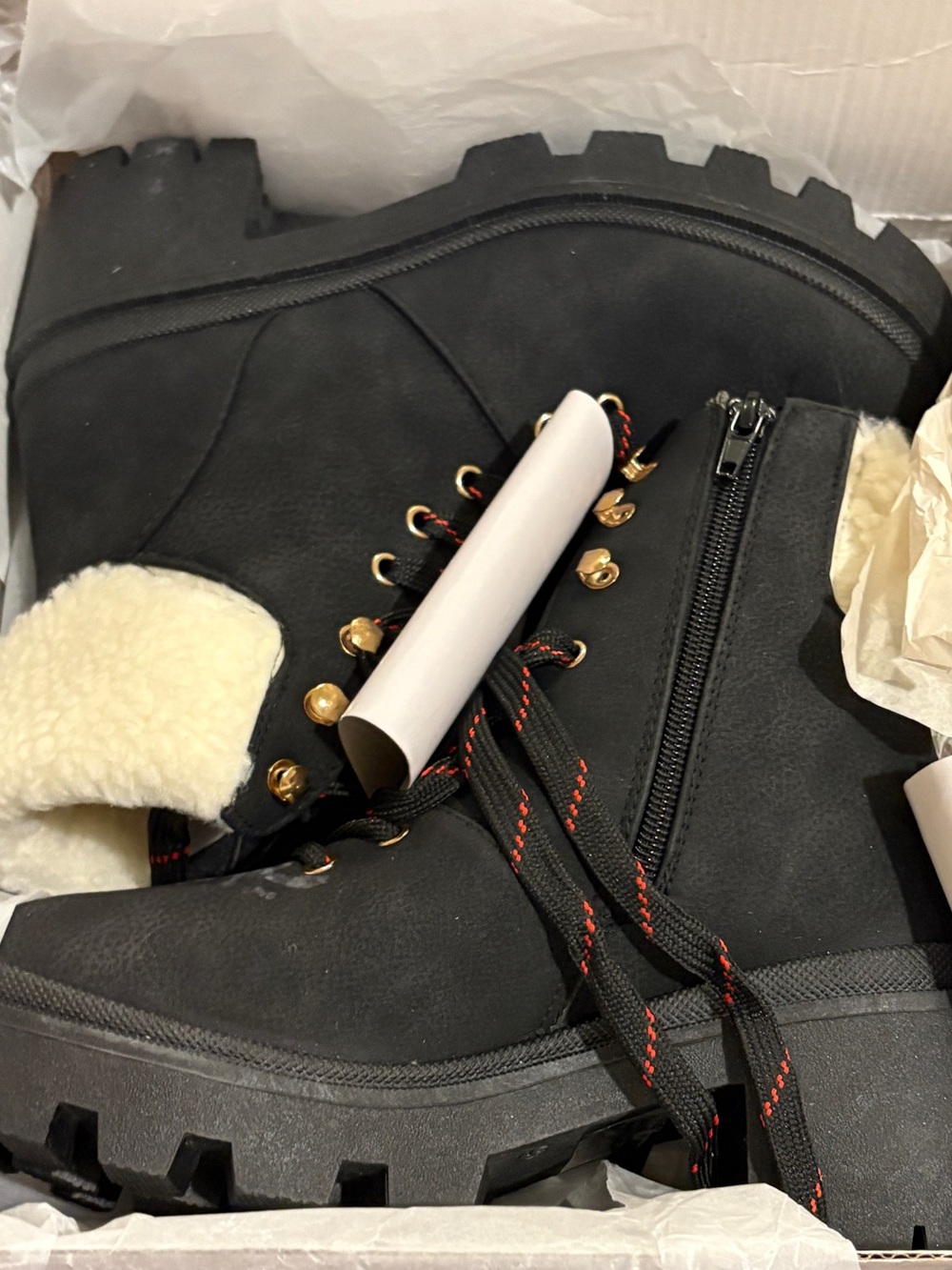 Olivia Millet Black Lug Sole Faux Shearling Combat Boots